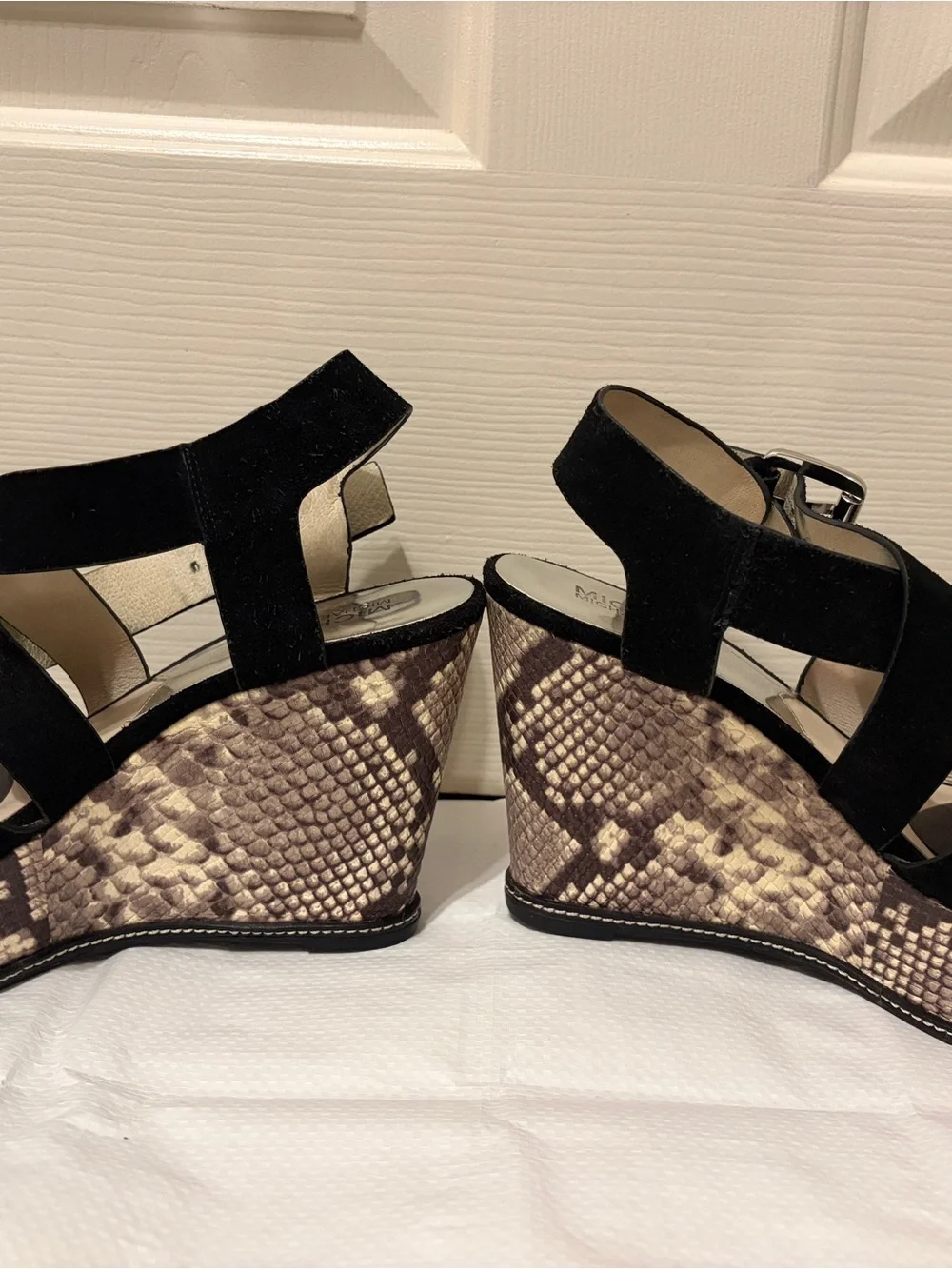 Michael Kors Black Suede Strappy Wedge Sandals with Snakeskin Platform